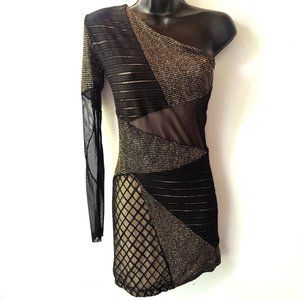 Brian Lichtenberg Rare LA Designer Gold Black Mesh Party Club Dress NYE L